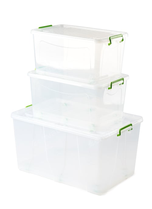 Preview: Transparent plastic box isolated on white background.