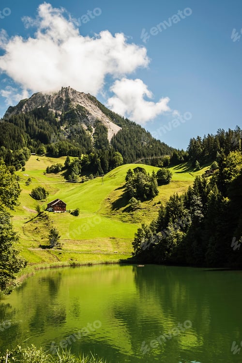 Preview: Grassy hillside by still rural lake