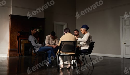 Preview: Support, group of people in therapy a community center and understanding, sharing feeling and talki