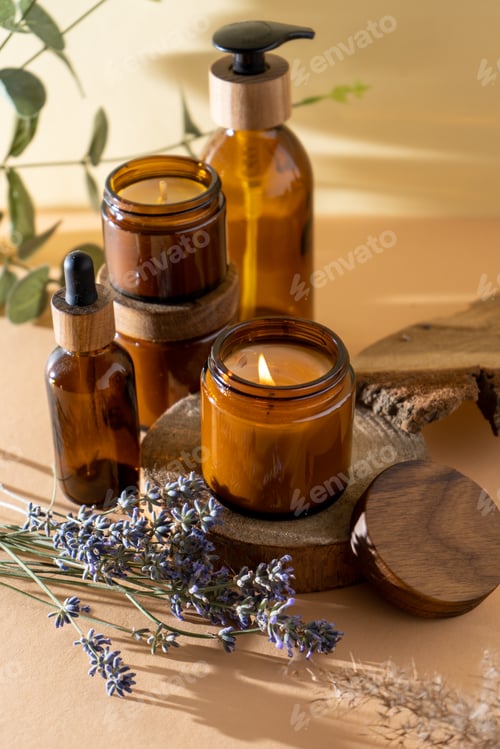 Preview: Soy candles in a glass jar. Aromatherapy. Burning candle and lavender.