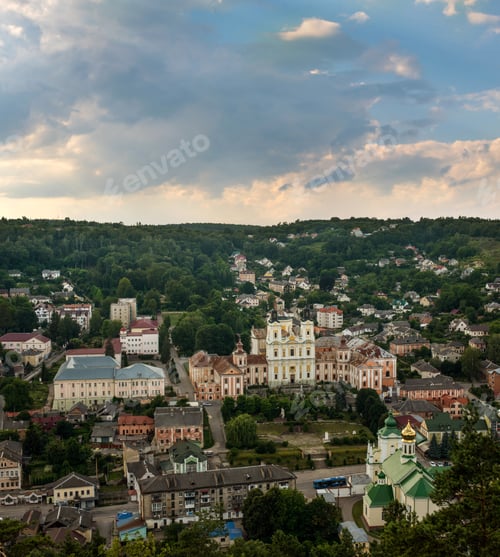 Preview: Kremenets city top view from the fortress, church Jesuit, ancient buildings,Ternopil region,Ukraine.