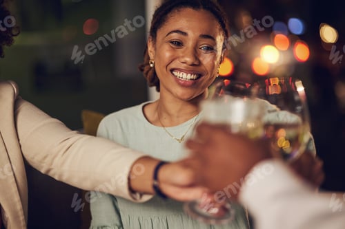 Preview: Dinner party, happy woman or friends toast alcohol for birthday support, congratulations or group c