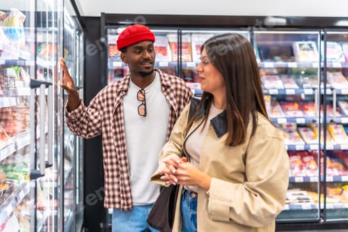Preview: Diverse couple discussing food choices at grocery store refrigerator