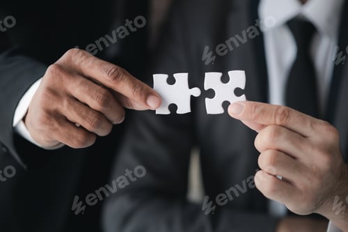 Preview: Group business people holding jigsaw puzzle together, Business man group are meeting together in the