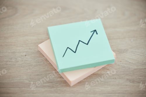 Preview: Growth, investment and success with arrow on sticky note for finance, stocks and goal. Price increa