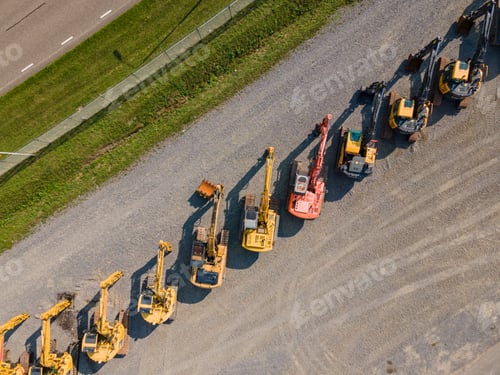 Preview: Aerial view of a perfect arrangement of excavators