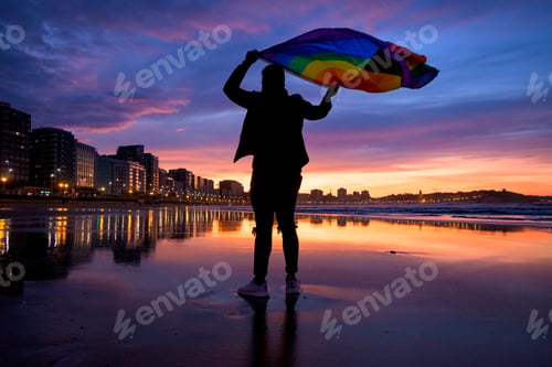 Preview: Amazing shot of a young male standing on a beach and holding in hands a gay flag