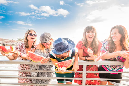 Preview: Group of people young caucasian women together having fun in a summer day of holiday