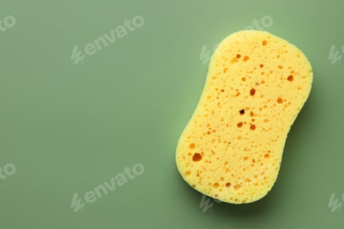 Preview: New yellow sponge on green background, top view. Space for text