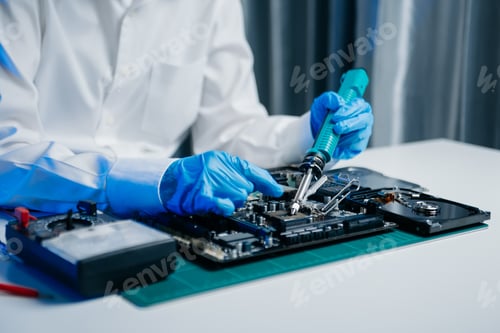 Preview: The technician is putting the CPU on the socket of the computer motherboard. electronic engineering