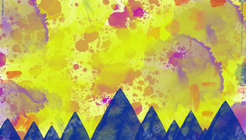 Preview: Abstract background with watercolor splashes and border with shapes of mountains.