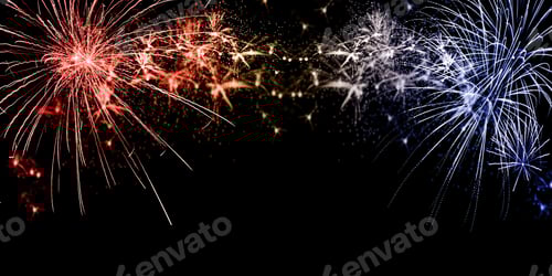 Visualização: Fogos de artifício brilham e cores vermelhas, brancas e azuis da bandeira americana em fundo escuro. 4 de julho Indepen