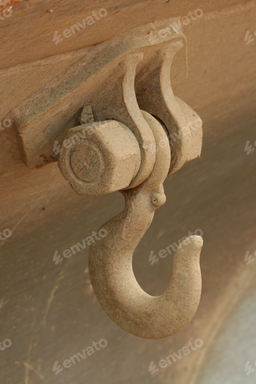 Preview: Rusty Hook Bolted to Wood, Industrial Close-Up