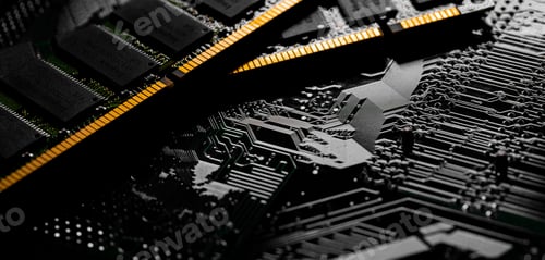 Preview: Macro Close up of computer RAM chip and motherboard