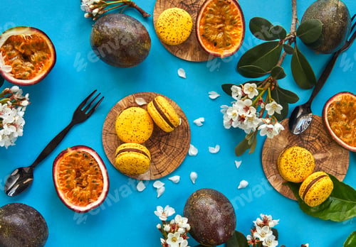 Preview: Delicious macaroons with passionflower flavor on a light background