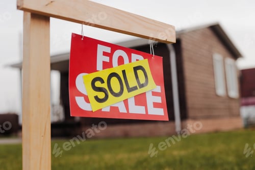 Preview: Sold Home For Sale Real Estate Sign in Front of New House in Slow Motion. Real Estate Market.