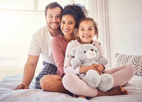 Preview: Portrait, bed and family with love, happy and relax with quality time, bonding and home with care.