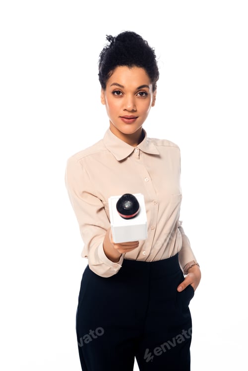 Preview: Front view of african american journalist holding microphone with outstretched hand isolated on