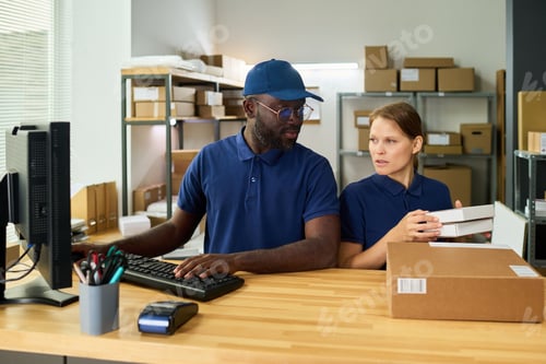 Preview: Caucasian Woman and Black Man Collaborating on Package Processing in Warehouse