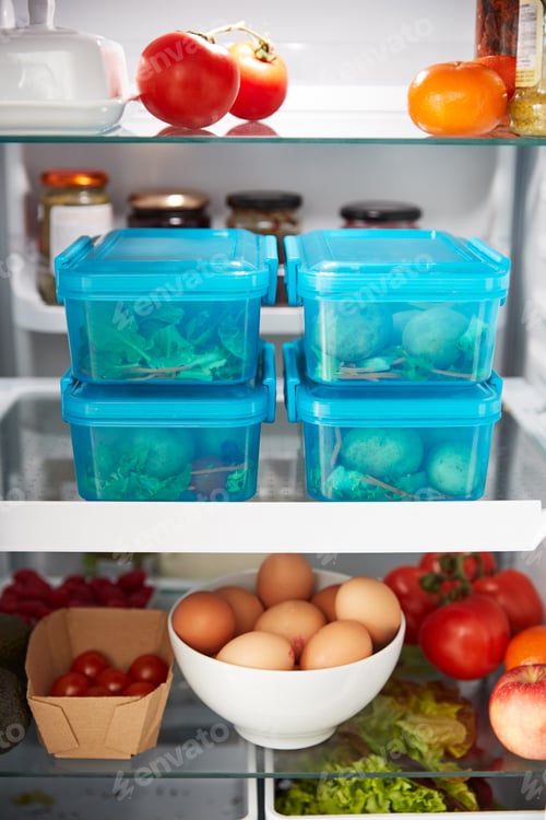 Preview: View Inside Refrigerator Of Healthy Food And Packed Lunches In Plastic Containers