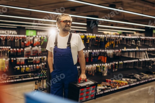 Preview: Handyman selecting tools in hardware store aisle
