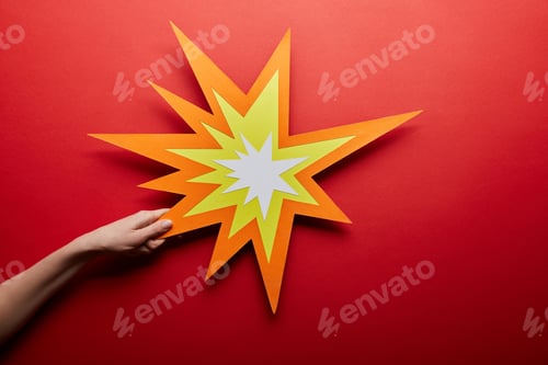 Preview: top view of empty orange bang sign on red background