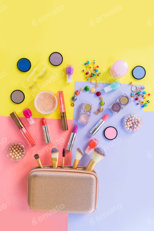 Preview: Colorful make up flat lay scene