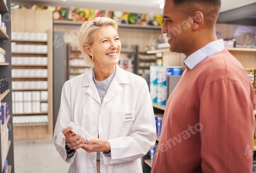 Preview: Man shopping, medicine or happy pharmacist in pharmacy for retail healthcare information with smile