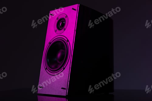 Preview: music column with a large speaker on a dark background with lilac backlight close-up