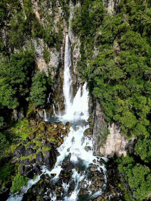 Preview: View of water cascading down a mountainside into a lush forest New Zealand , North Island