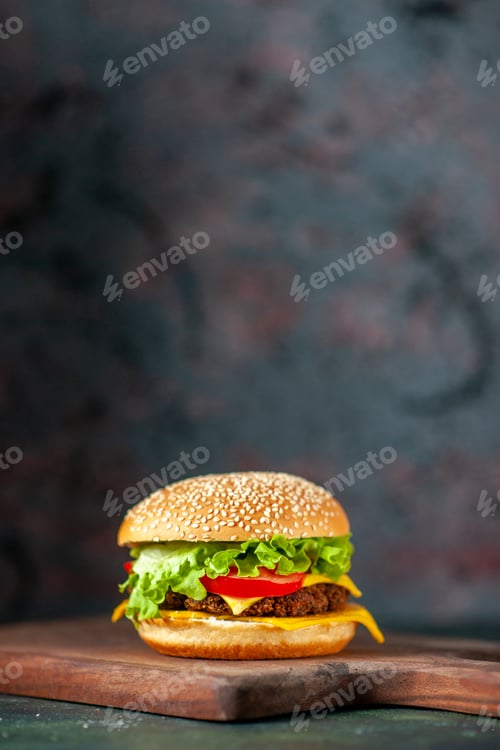 Preview: front view meat hamburger on dark background meal sandwich burger kfc fast-food french fries color
