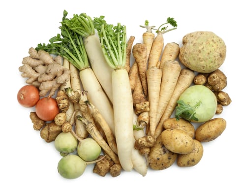 Preview: Many different root vegetables isolated on white, top view