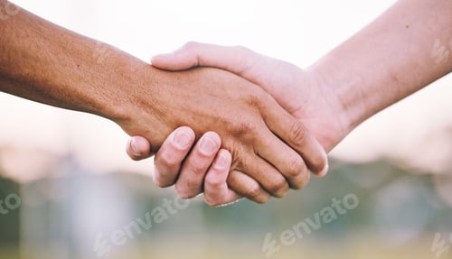Preview: Closeup, handshake and support for sports, agreement and competition with collaboration, goal and t