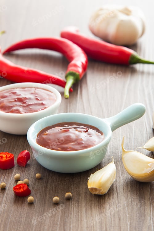 Preview: Bowl of hot chili sauce with red peppers on dark wooden background,