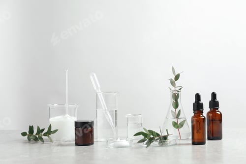 Preview: Natural ingredients for cosmetic products and laboratory glassware on white table