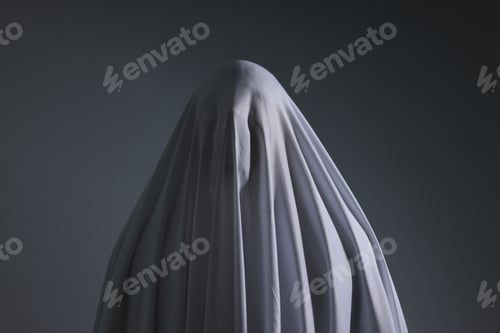 Preview: Creepy ghost. Man covered with white sheet on light grey background