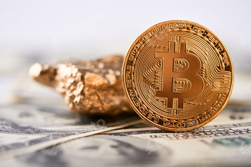 Preview: Shiny golden bitcoin and gold lump put on dollar banknote and represent new financial trends