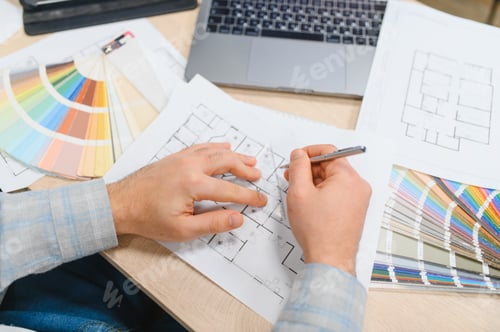 Preview: Interior designer drawing building blueprint with color palette