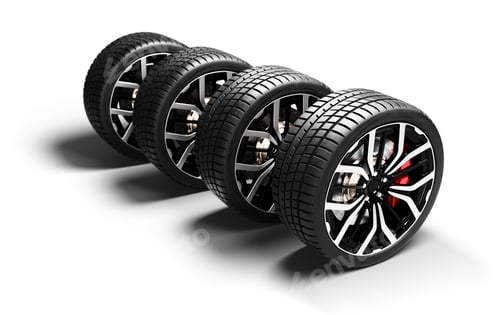 Preview: Stack of four performance car wheels on white background