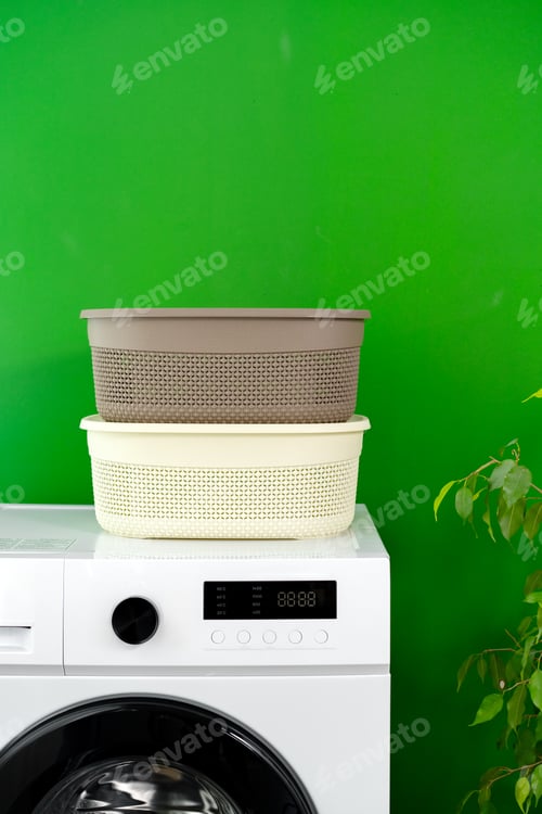 Preview: Close up of washing machine in a laundry room
