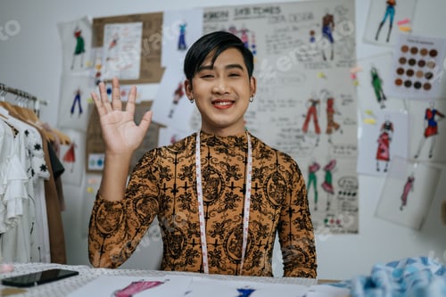 Preview: Portrait of Professional Asian young male tailor with measuring tape on neck.