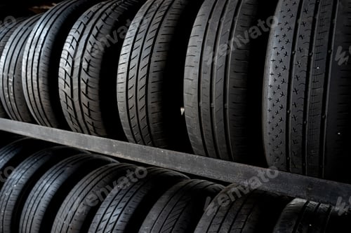 Preview: Rows of black car tires are neatly stacked on metal shelves in a warehouse.