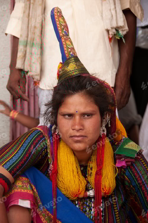 Preview: Young Banjara tribal women with ornaments and colorful dress, India