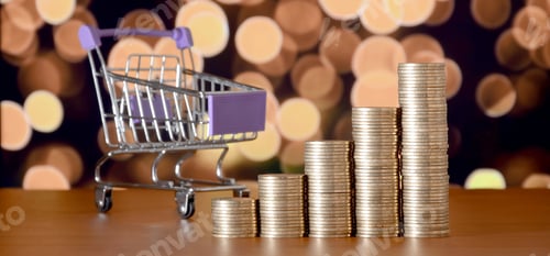 Preview: Empty shopping cart and money stacks in growth graph on background of colored bokeh christmas lights