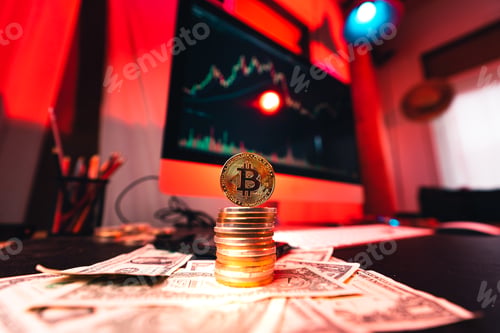 Preview: Bitcoin on a home computer chart and money and investment