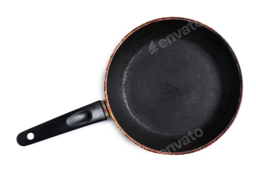 Preview: Dirty old frying pan on white background, top view