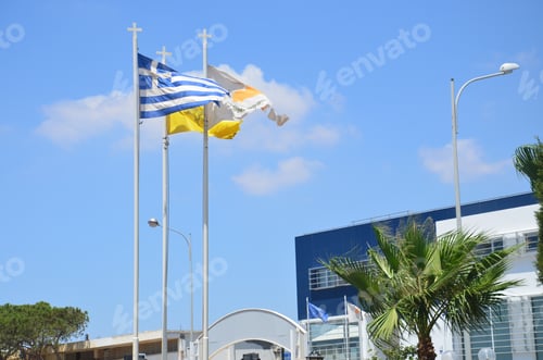 Preview: Flags and architecture on a bright sunny day