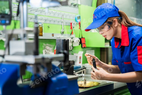 Preview: A female diesel engine mechanic in a blue uniform is working at the garage.