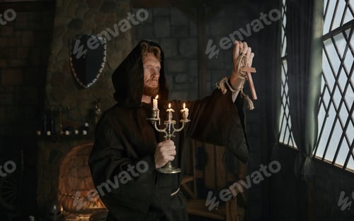Preview: Portrait of hooded monk in medieval costume holding wooden cross and candlestick