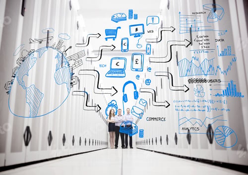 Preview: Colleagues In A Data Center Standing In Front Of Drawings Of A Planet With Other Sketches